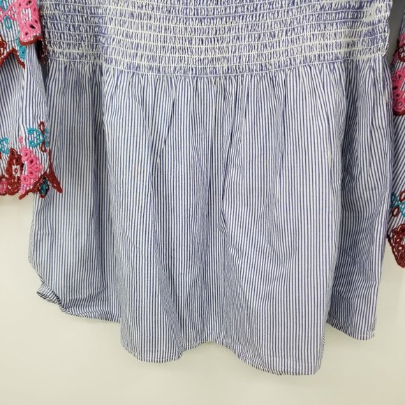 Loft Ann Taylor Blue and White Striped Smocked Top Shirt Size Medium Petite - Picture 6 of 10